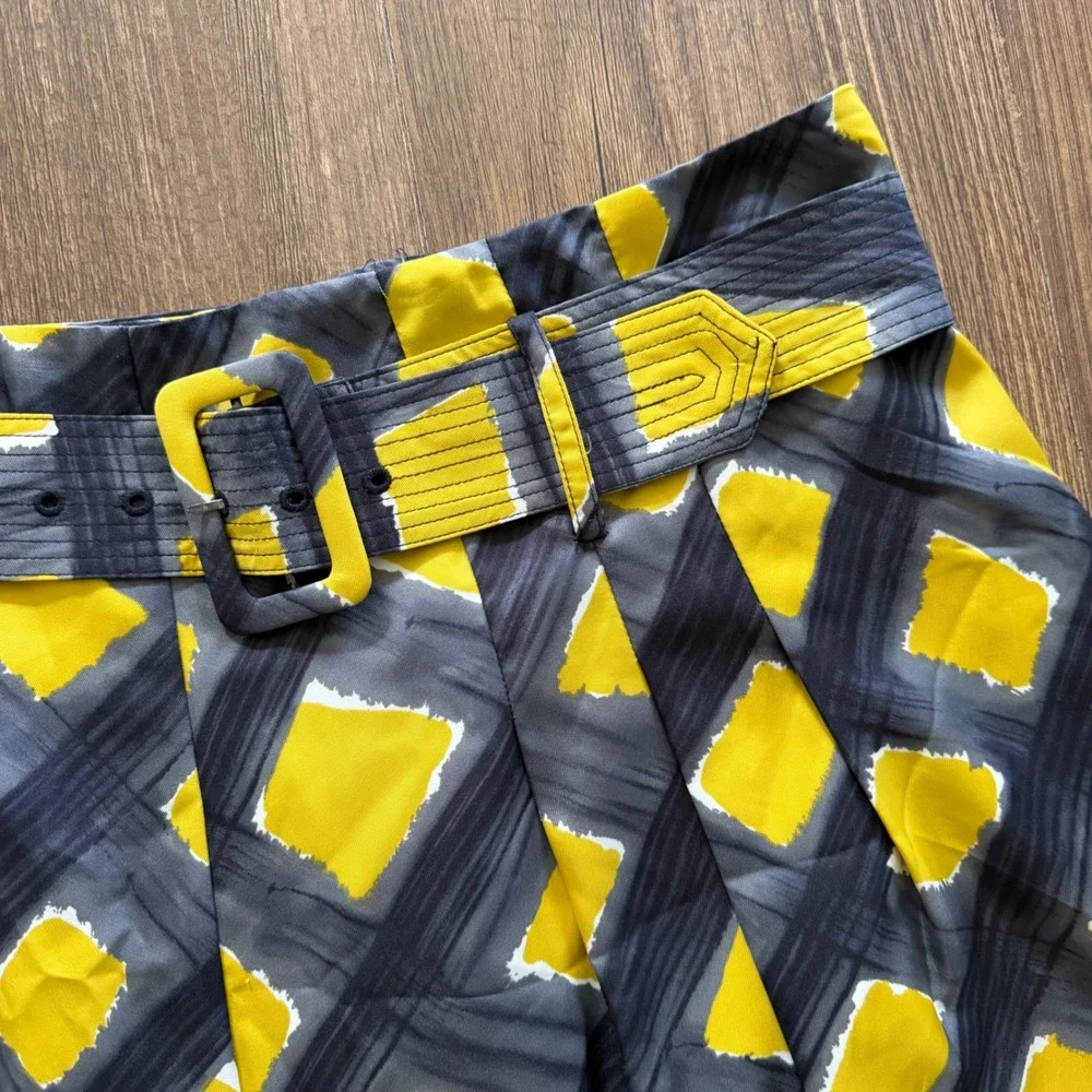 The Limited A-Line Skirt Women Large Yellow Grey Abstract Belted Geometric Mini